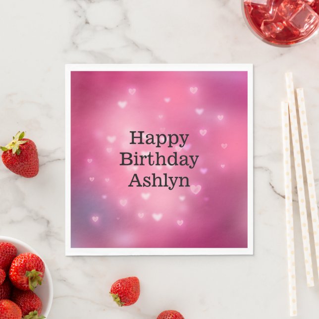 Pink Bokeh Hearts Birthday Napkin (Insitu)