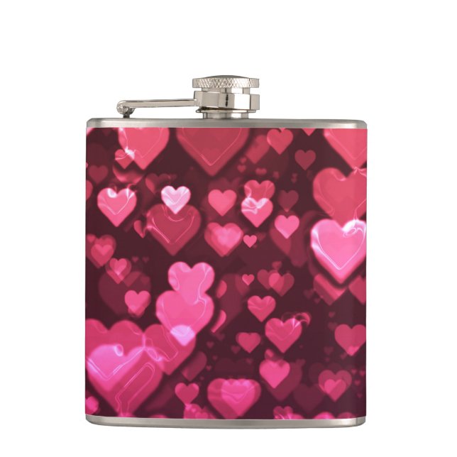Pink Bokeh Hearts Digital Background Wallpaper Hip Flask (Front)