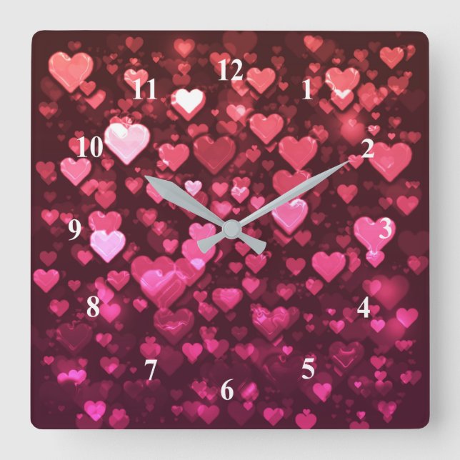 Pink Bokeh Hearts Digital Background Wallpaper Square Wall Clock (Front)