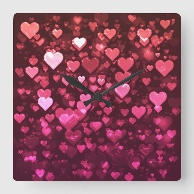 Pink Bokeh Hearts Digital Background Wallpaper Square Wall Clock (Front)