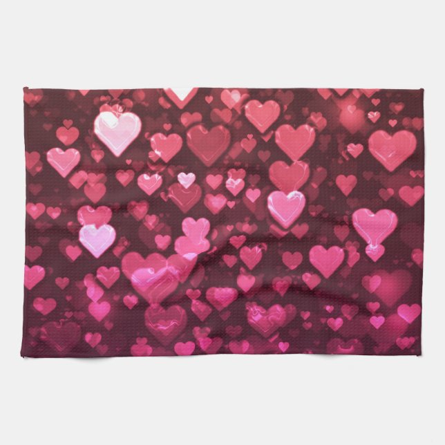 Pink Bokeh Hearts Digital Background Wallpaper Tea Towel (Horizontal)