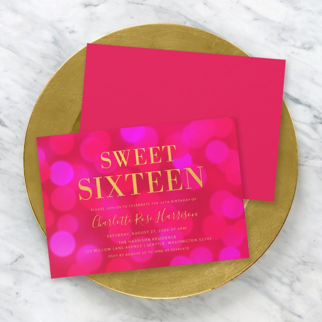 Pink Bokeh Lights Faux Gold Sweet Sixteen Birthday Invitation (Creator Uploaded)