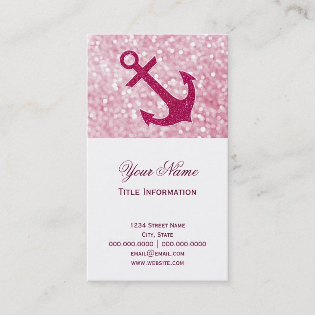 Pink Bokeh Nautical Glitter Anchor Business Card (Front)