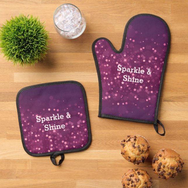 Pink Bokeh Stars Oven Mitt & Pot Holder Set (Top Down)