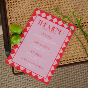 Pink Bold Funky Retro Checkerboard Wedding Menu