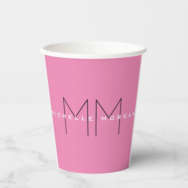 Pink Bold Monogram Modern Minimalist Name Initials Paper Cups (Front)