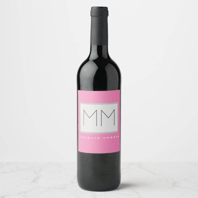Pink Bold Monogram Modern Minimalist Name Initials Wine Label (Front)