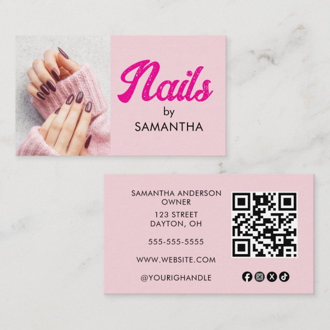  Pink Bold Script Social Icon QR Code Photo Nails Business Card (Front/Back)