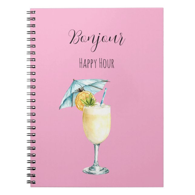 Pink Bonjour Happy Hour Drink Notebook (Front)