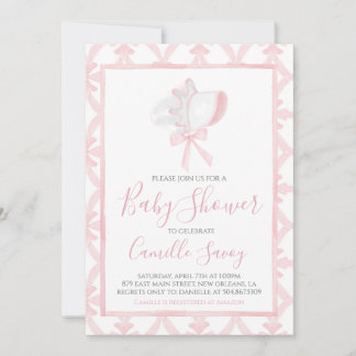 Pink Bonnet Girl Baby Shower Preppy Southern Invitation