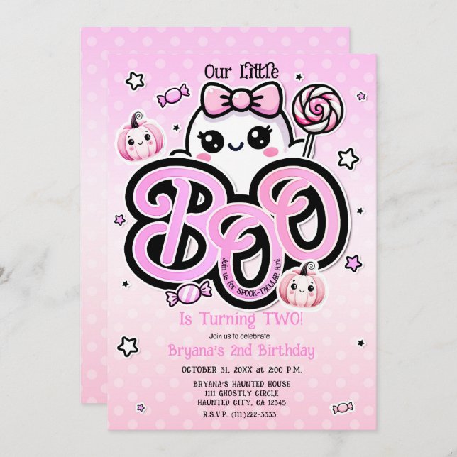 Pink BOO Little Ghost Halloween Birthday Party Invitation (Front/Back)