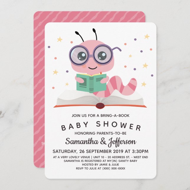Pink Bookworm Book Baby Shower Invitation (Front/Back)