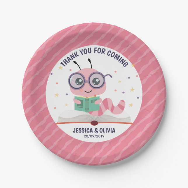 Pink Bookworm Theme Paper Plate (Front)
