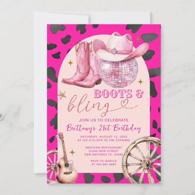 Pink Boots and Bling Cowboy Boots Birthday  Invitation (Front)