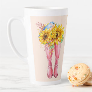 Pink Boots, Blue Bird and Sunflowers Latte Mug