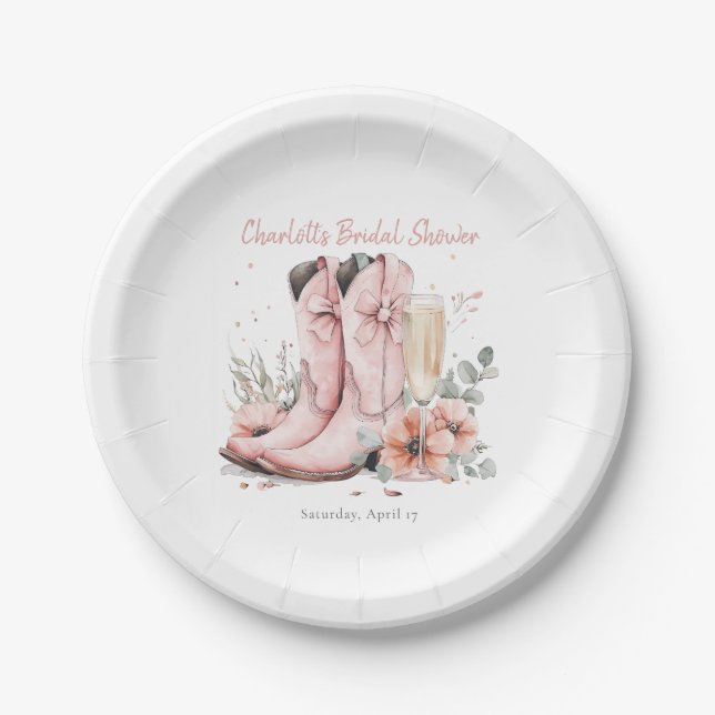 Pink Boots & Bubbly Champagne Glass Bridal Shower  Paper Plate (Front)
