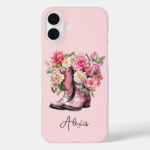 Pink Boots with Flowers Monogrammed iPhone 16 Plus Case