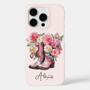 Pink Boots with Flowers Monogrammed iPhone 16 Pro Case