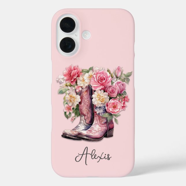 Pink Boots with Flowers Monogrammed Case-Mate iPhone Case (Back)