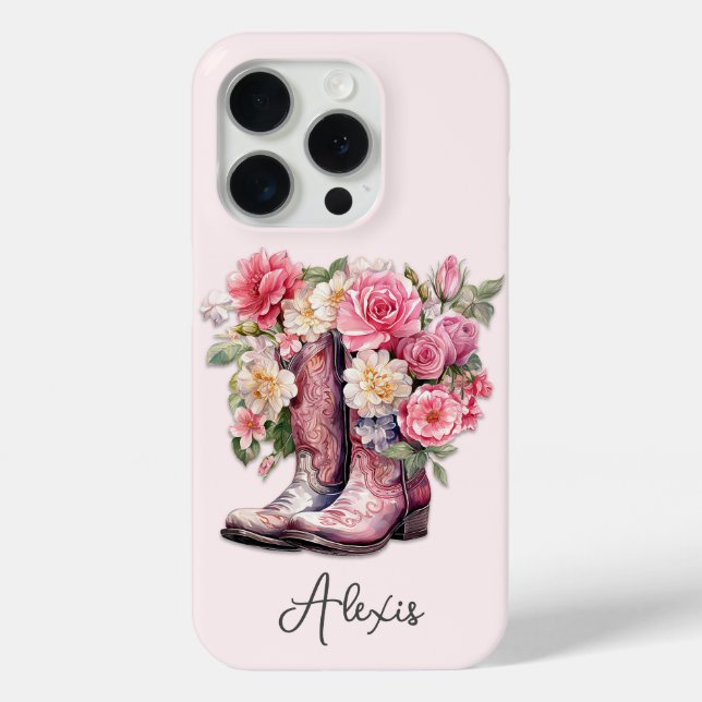 Pink Boots with Flowers Monogrammed Case-Mate iPhone Case (Back)