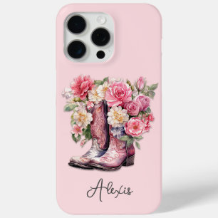 Pink Boots with Flowers Monogrammed iPhone 15 Pro Max Case