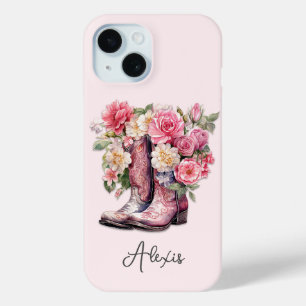 Pink Boots with Flowers Monogrammed iPhone 15 Case