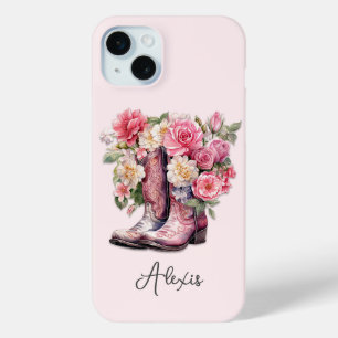 Pink Boots with Flowers Monogrammed iPhone 15 Mini Case