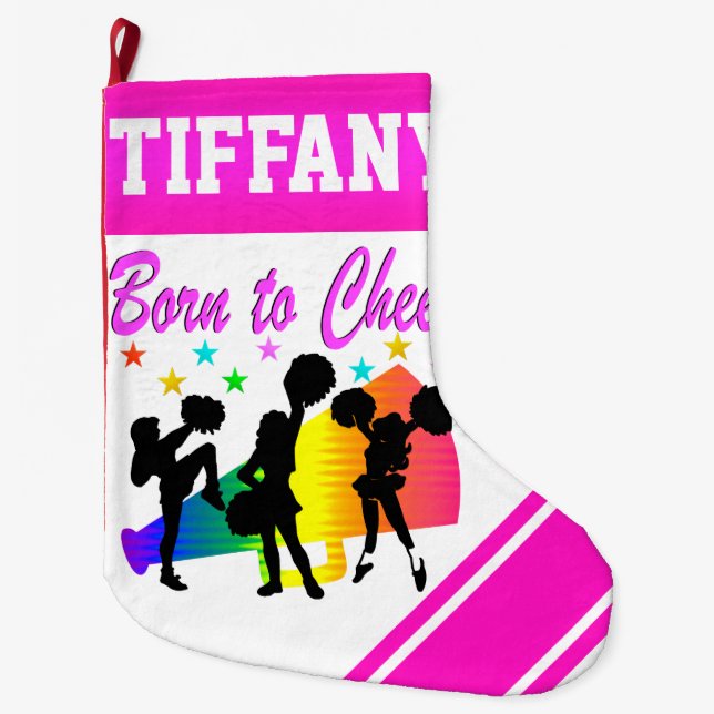 PINK BORN TO CHEER PERSONALIZED CHRISTMAS STOCKING (Front)