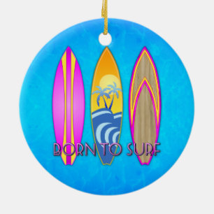 Pink Born To Surf Ceramic Tree Decoration