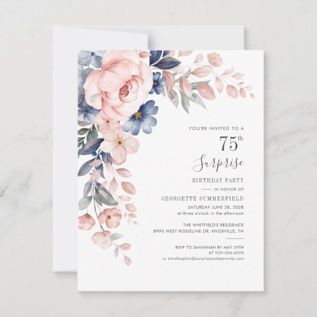 Pink Botanical 75th Birthday Floral Bloom Invitation (Front)