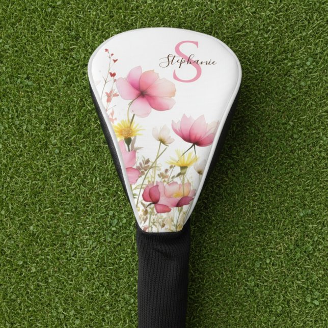 Pink Botanical Floral Monogram Golf Head Cover (Pink wildflower floral monogram golf head cover)
