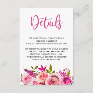 Pink Botanical Floral Wedding Details Info Enclosure Card