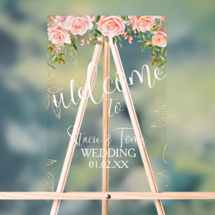 Pink Botanical Florals Gold Wedding Acrylic Sign