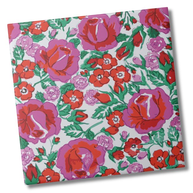 Pink Botanical Rose Floral Pattern Tile (Elegant Botanical Rose Pink Red Floral Pattern ceramic tile)