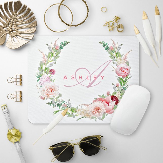 Pink Botanical Rose & Peony Wreath Name Monogram Mouse Pad (Creator Uploaded)
