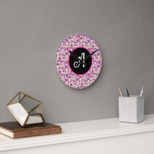 Pink Botanical Vine Pattern Elegant Floral Leaf Round Clock