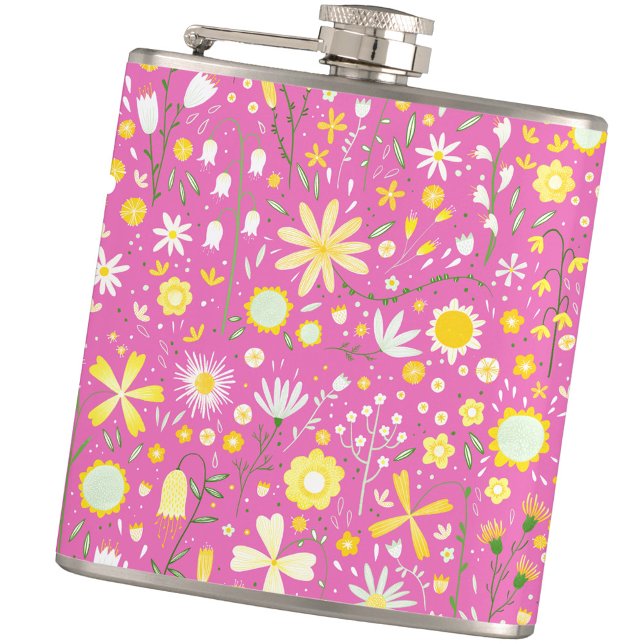 Pink Botanical Wildflower Floral Hip Flask (Pink, white and yellow modern floral pattern keepsake hip flask)