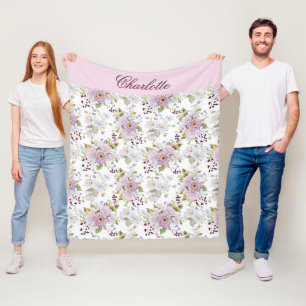 Pink Botanical Wildflower Monogram Name Fleece Blanket