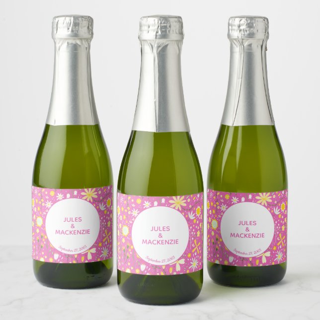 Pink Botanical Wildflower Sparkling Wine Label (Bottles)