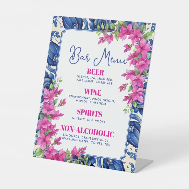 Pink Bougainvillea Blue Tile Bar Sign (Front)