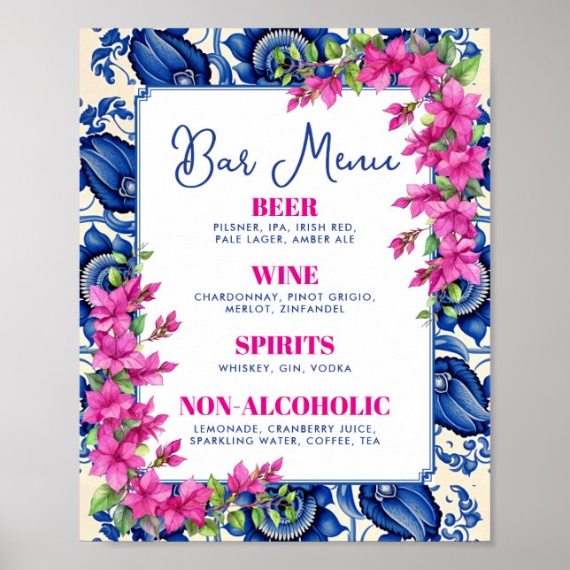 Pink Bougainvillea Blue Tile Bar Sign (Front)