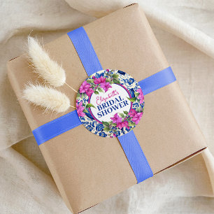 Pink Bougainvillea Blue Tile Bridal Shower Classic Round Sticker