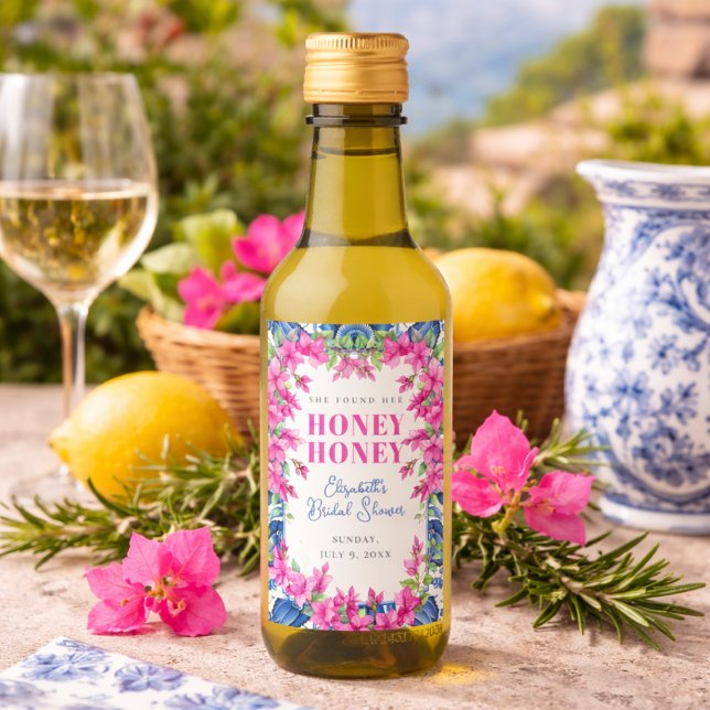 Pink Bougainvillea Blue Tile Bridal Shower Mini Wine Label (Pink Bougainvillea Blue Tile Bridal Shower Wine Label)