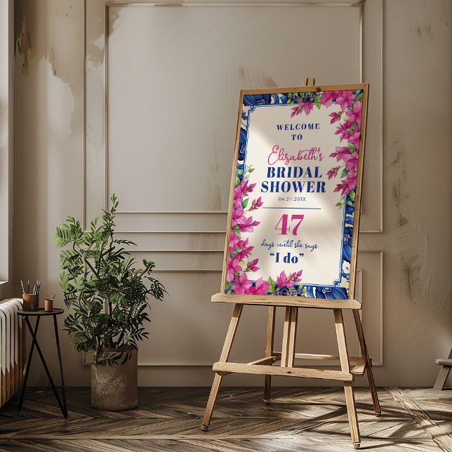 Pink Bougainvillea Blue Tile Bridal Shower Welcome Poster (Pink Bougainvillea Blue Tile Bridal Shower Welcome Poster)