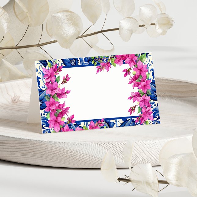 Pink Bougainvillea Blue Tile Place Card (Pink Bougainvillea Blue Tile Place Card)