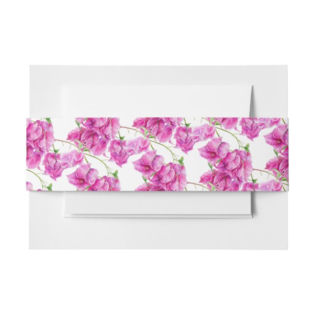 Pink bougainvillea botanical watercolor patterned invitation belly band (Front Example)