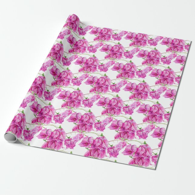 Pink bougainvillea botanical watercolor patterned wrapping paper (Unrolled)
