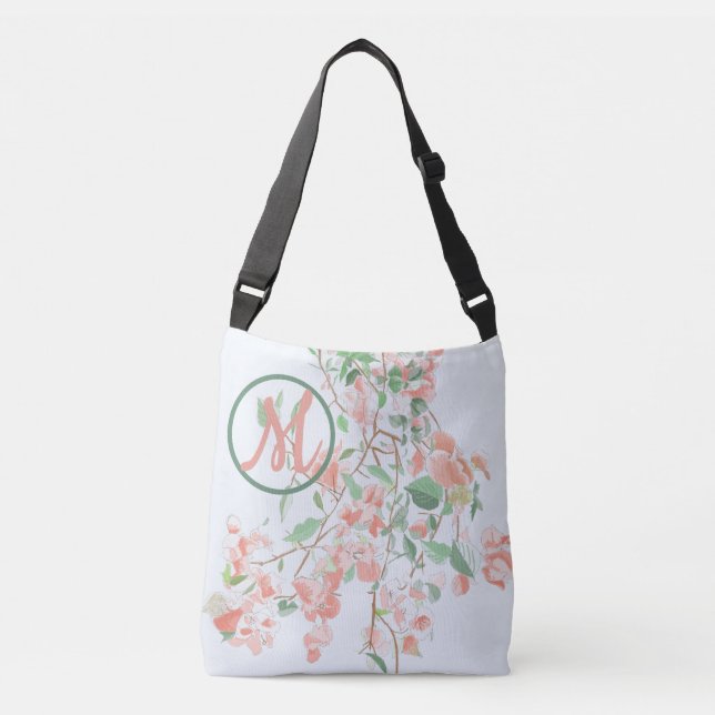 Pink Bougainvillea Floral Monogram Watercolor Crossbody Bag (Front)