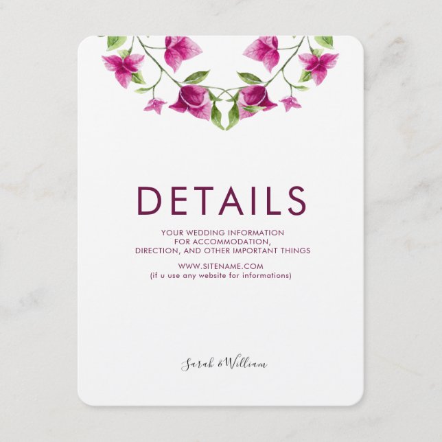 Pink Bougainvillea Flower Wedding Information Card (Front)