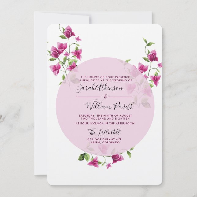 Pink Bougainvillea Flower Wedding Invitation (Front)
